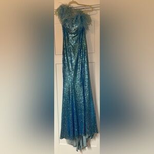 Sherri Hill full length sequin gown -one shoulder / feathers-size 6 vintage blue